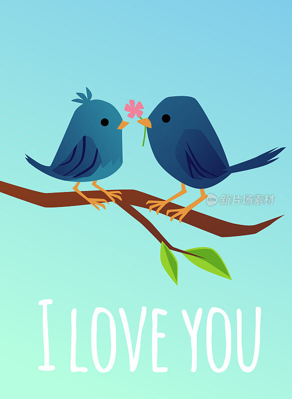 Cute loving spring birds chirping on tree, flat cartoon vector illustration.